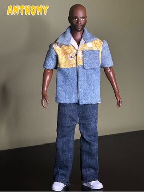 Blue denim and honeycomb with bee print doll shirt - OOAK